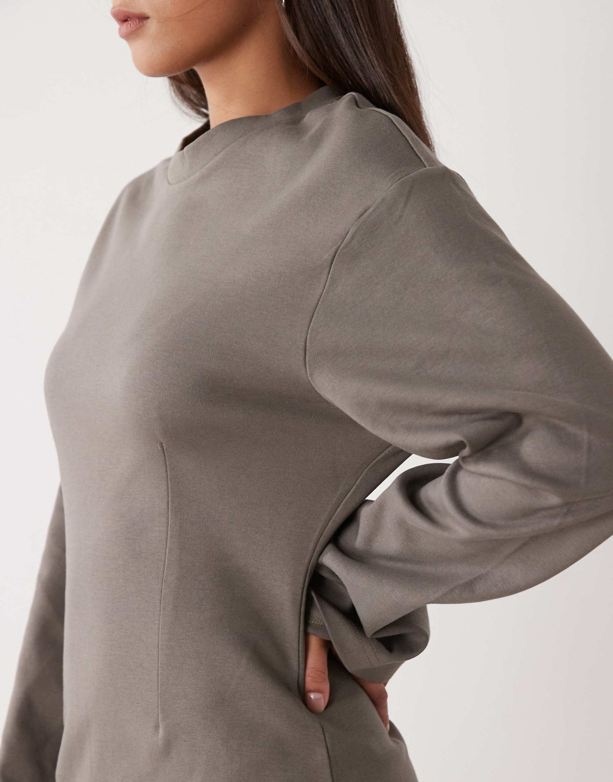 Monki cinched waist long sleeve mini dress in khaki