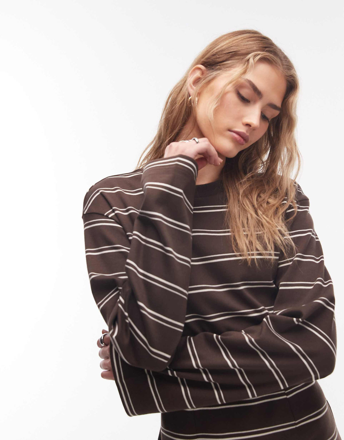 Monki cinched waist long sleeve mini dress in chocolate stripes