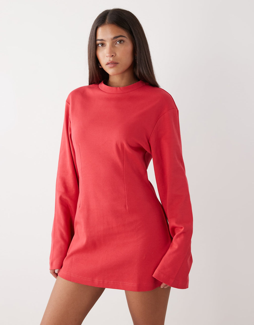 Monki cinched long sleeve mini dress in red