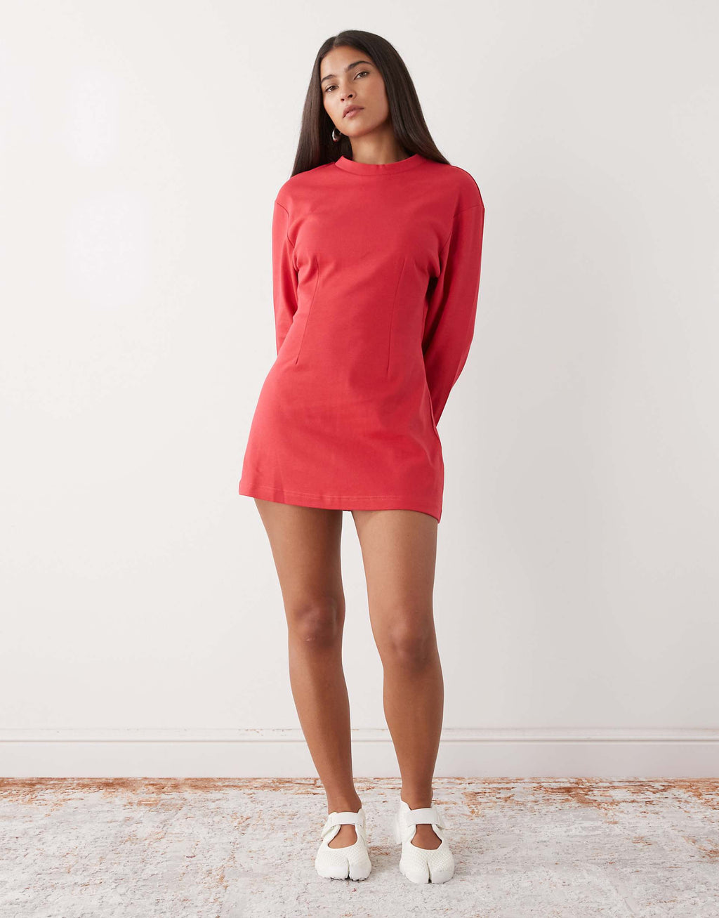 Monki cinched long sleeve mini dress in red