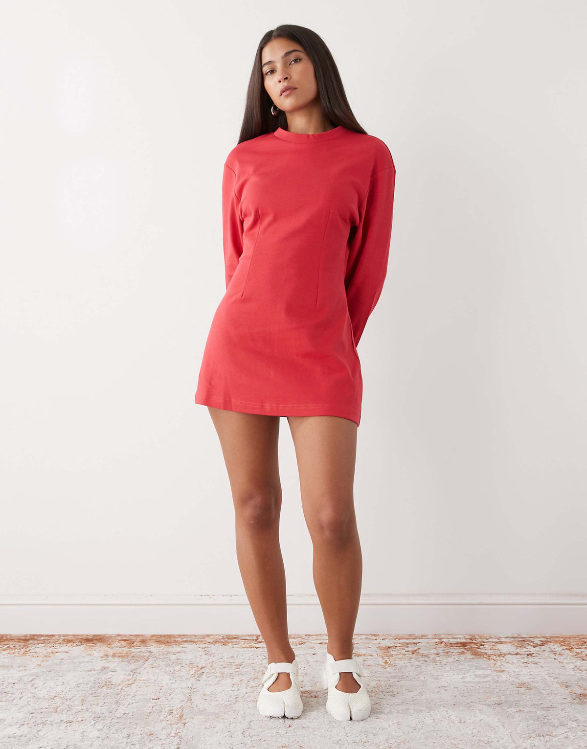 Monki cinched long sleeve mini dress in red