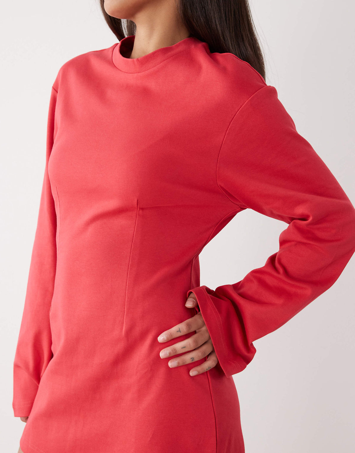 Monki cinched long sleeve mini dress in red
