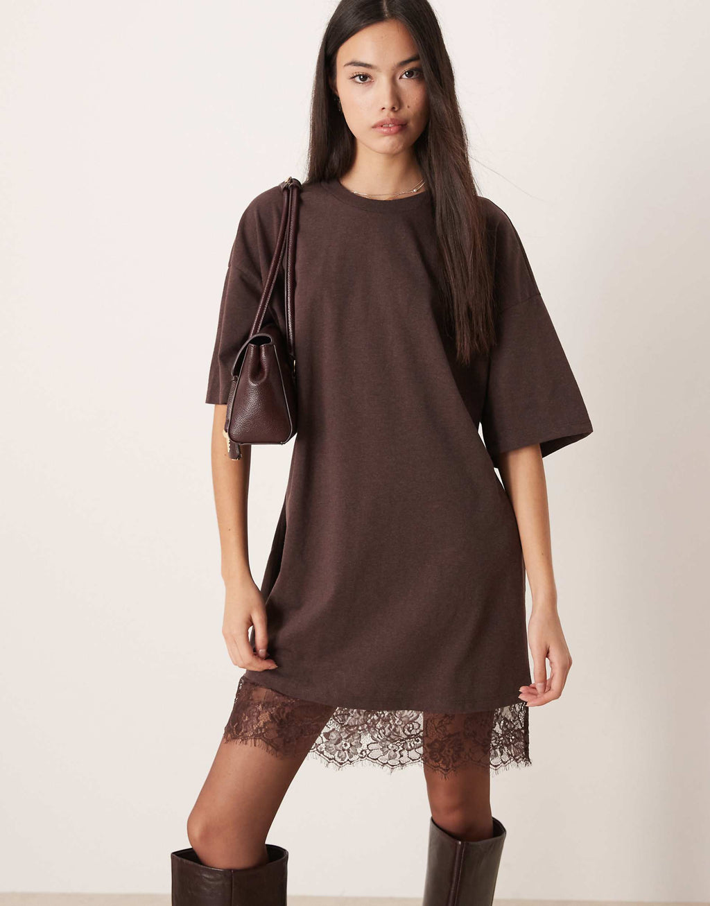 ASOS DESIGN oversized mini dress with lace hem trim in chocolate brown