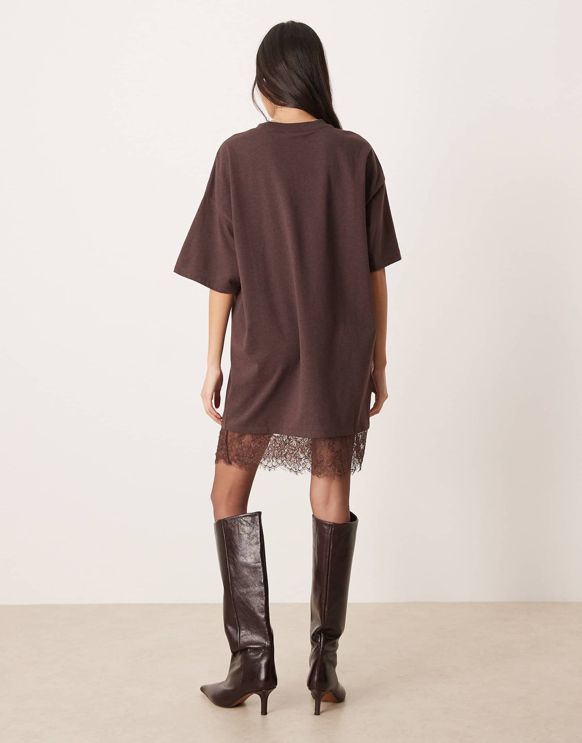 ASOS DESIGN oversized mini dress with lace hem trim in chocolate brown