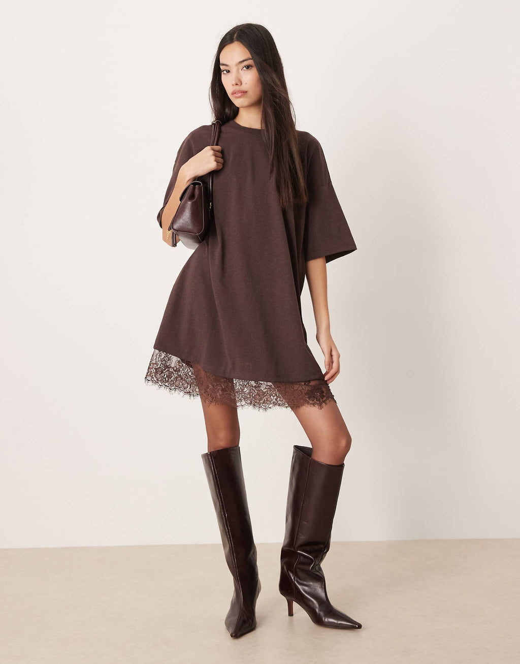 ASOS DESIGN oversized mini dress with lace hem trim in chocolate brown