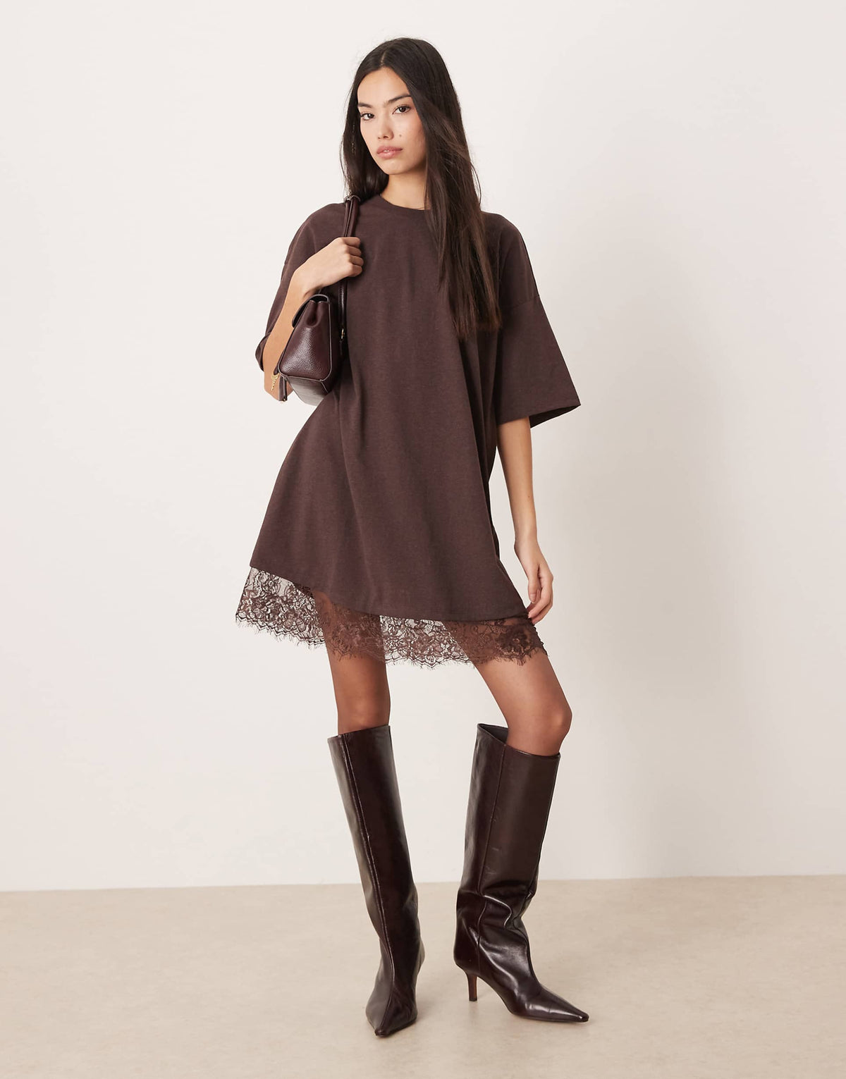 ASOS DESIGN oversized mini dress with lace hem trim in chocolate brown