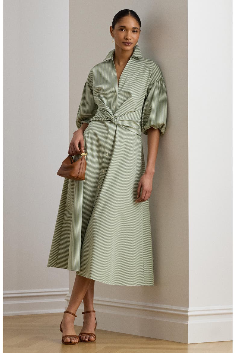 Stripe Bubble Sleeve Cotton Broadcloth Shirtdress