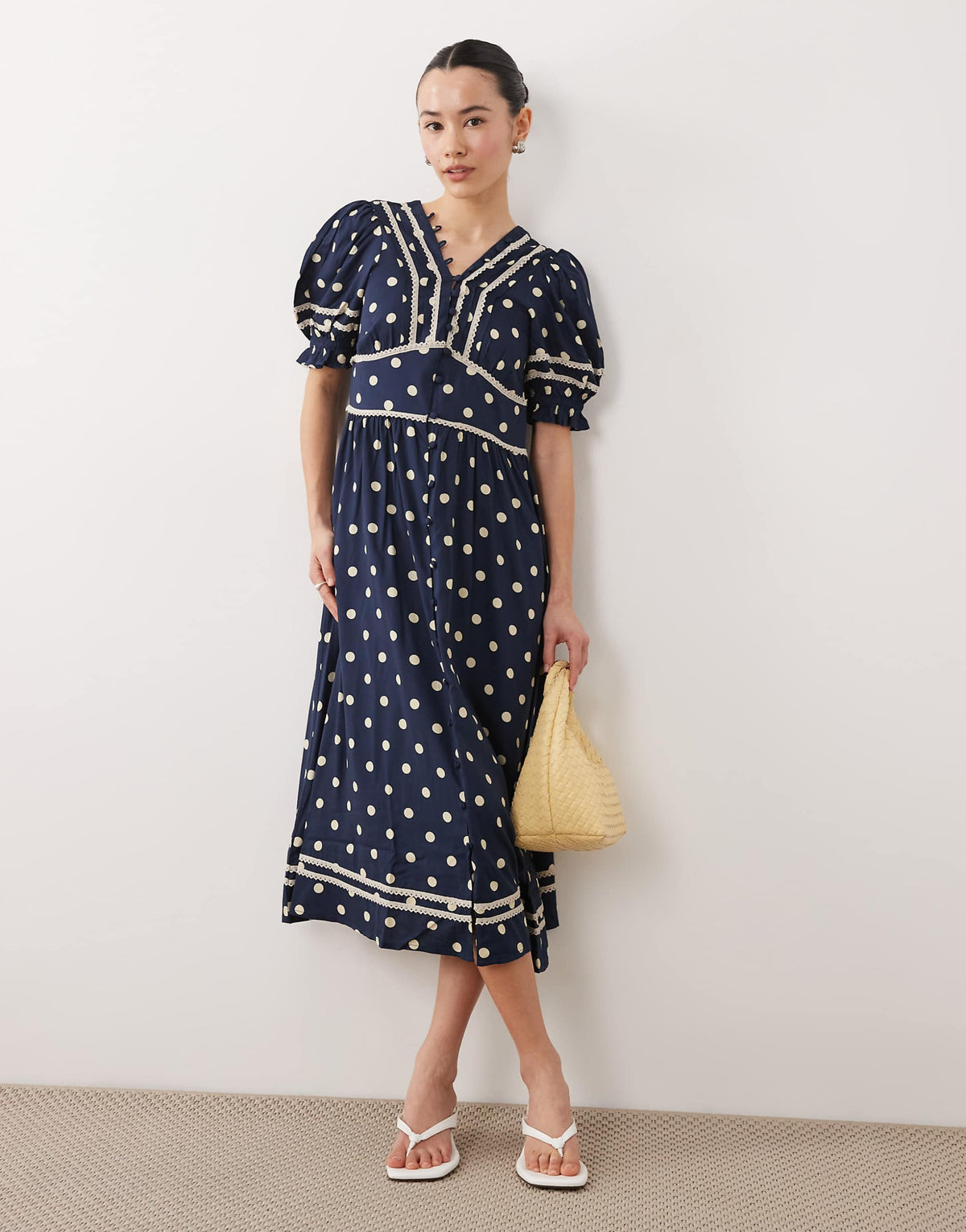 Nobody's Child Petite Saffy bell sleeve polka-dot midi dress in navy