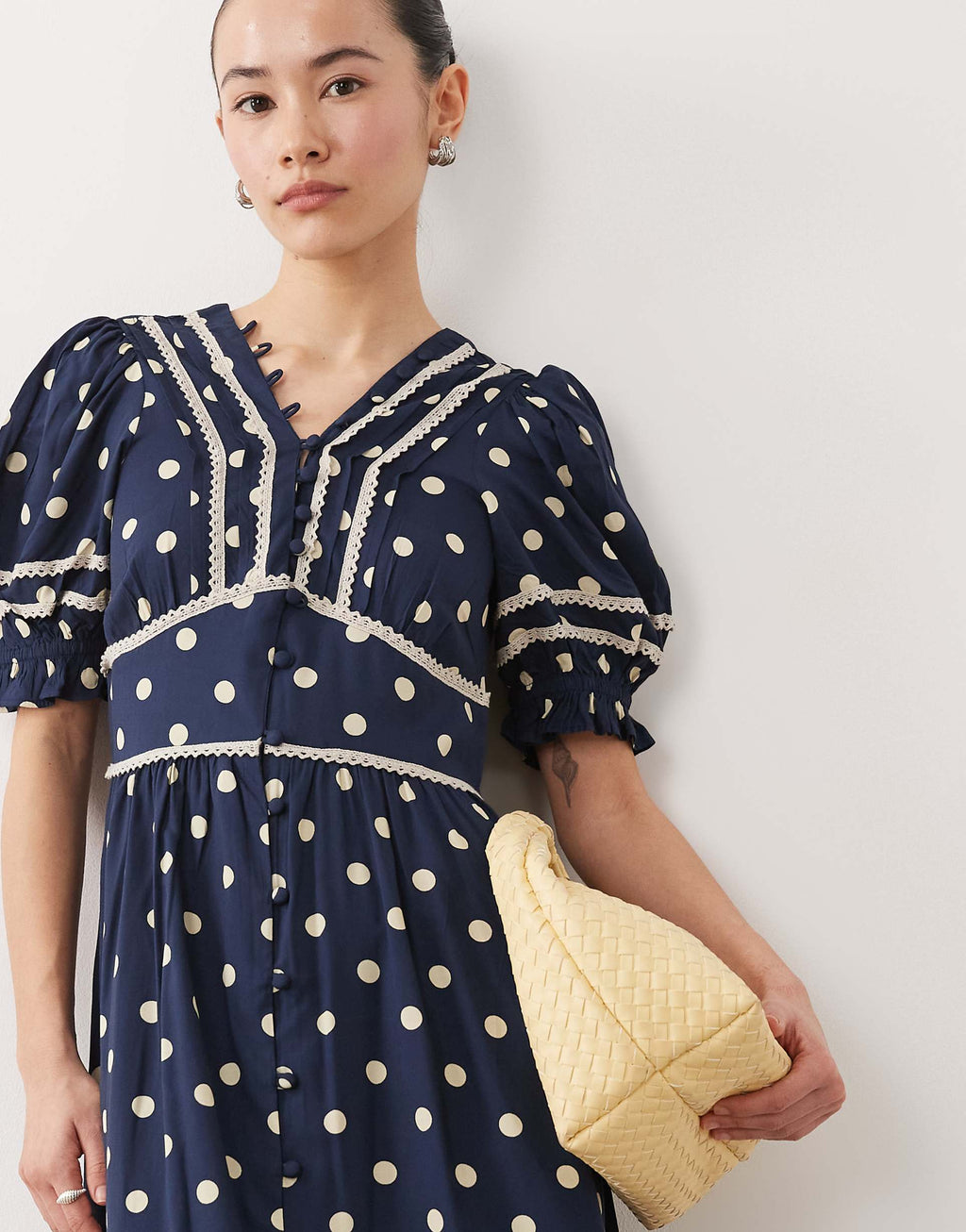 Nobody's Child Petite Saffy bell sleeve polka-dot midi dress in navy