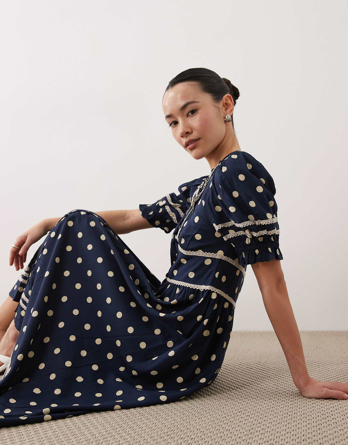 Nobody's Child Petite Saffy bell sleeve polka-dot midi dress in navy