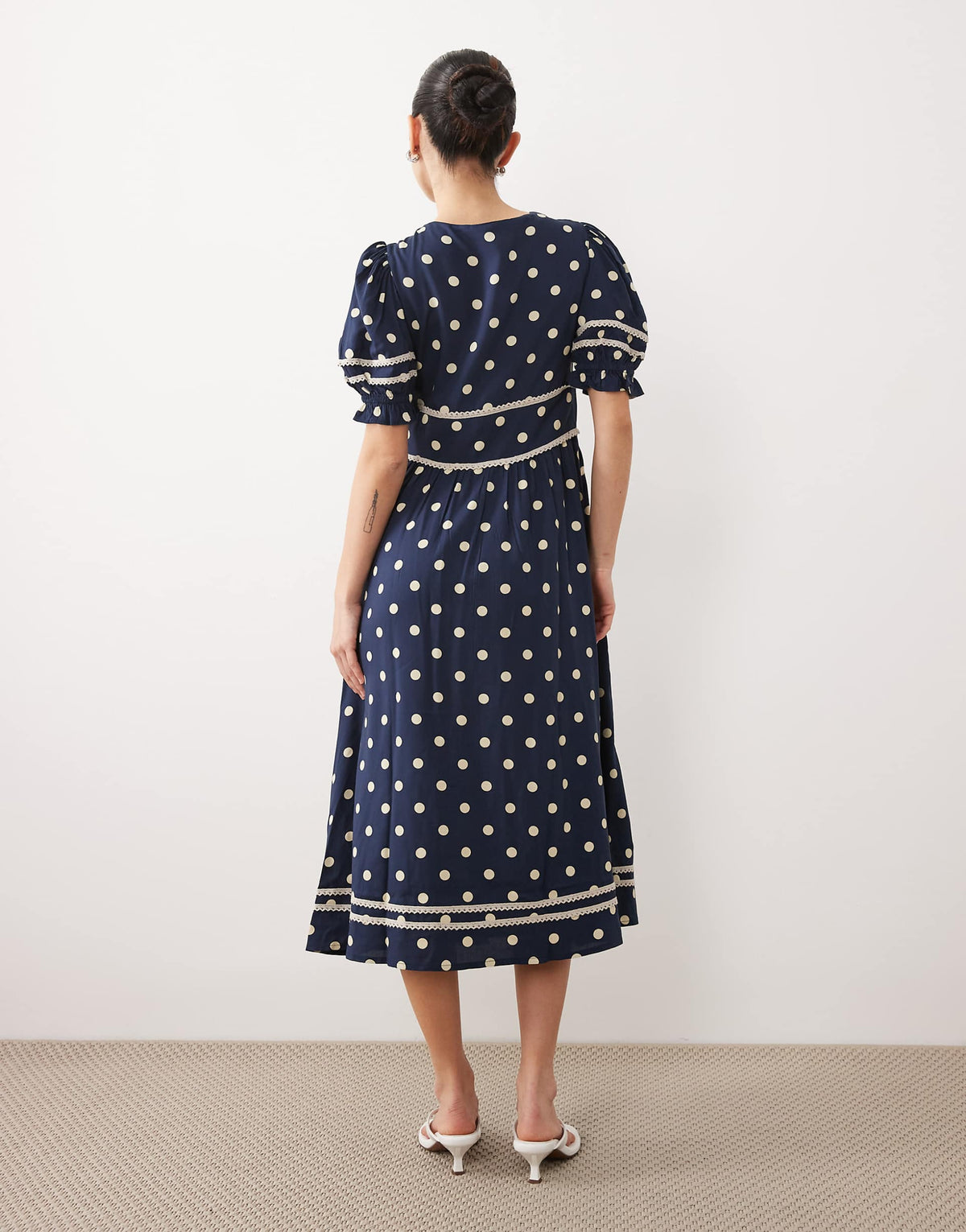 Nobody's Child Petite Saffy bell sleeve polka-dot midi dress in navy