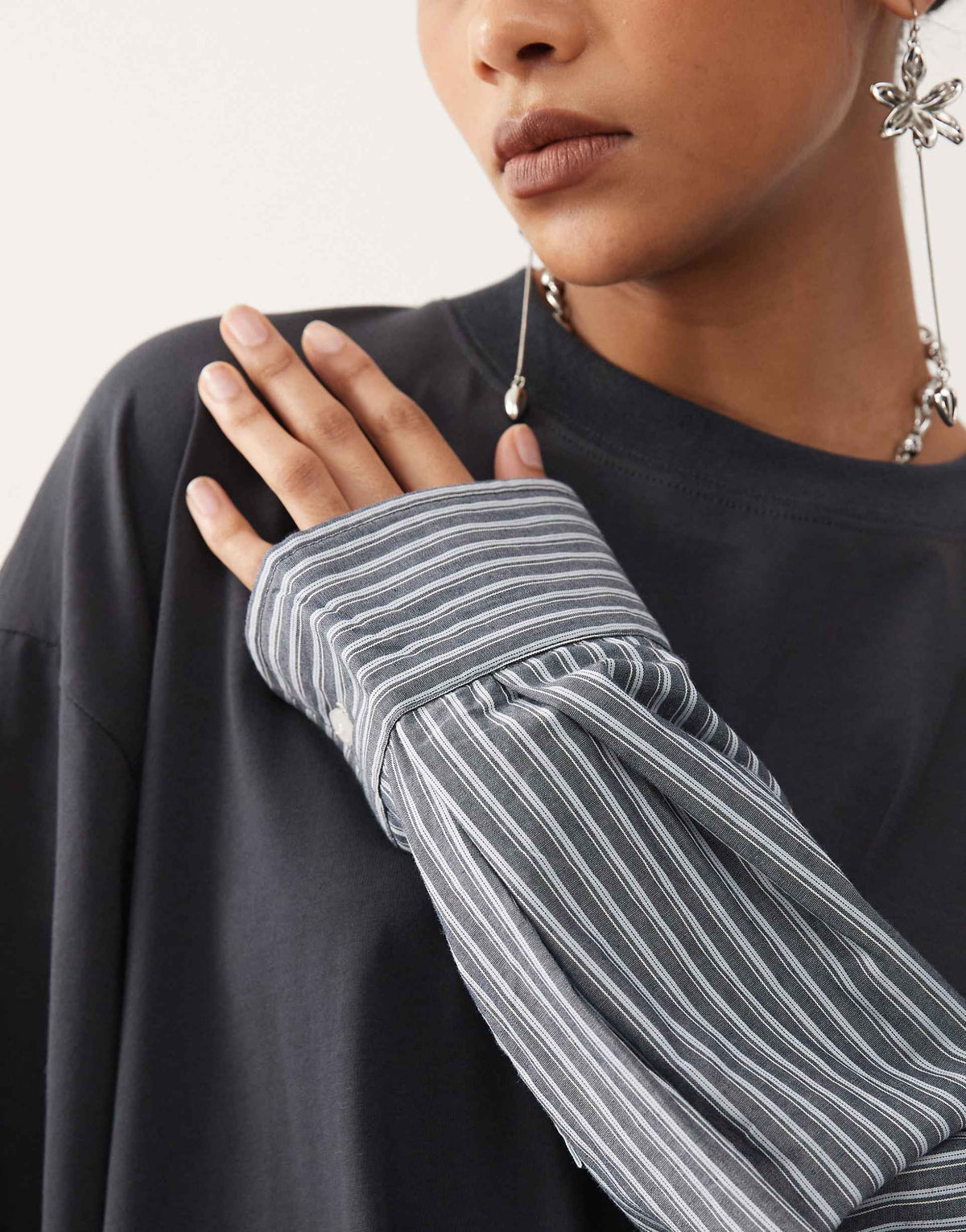 Lioness exclusive 2 in 1 oversized t-shirt overlay and striped long sleeve mini shirt dress in charcoal stripes