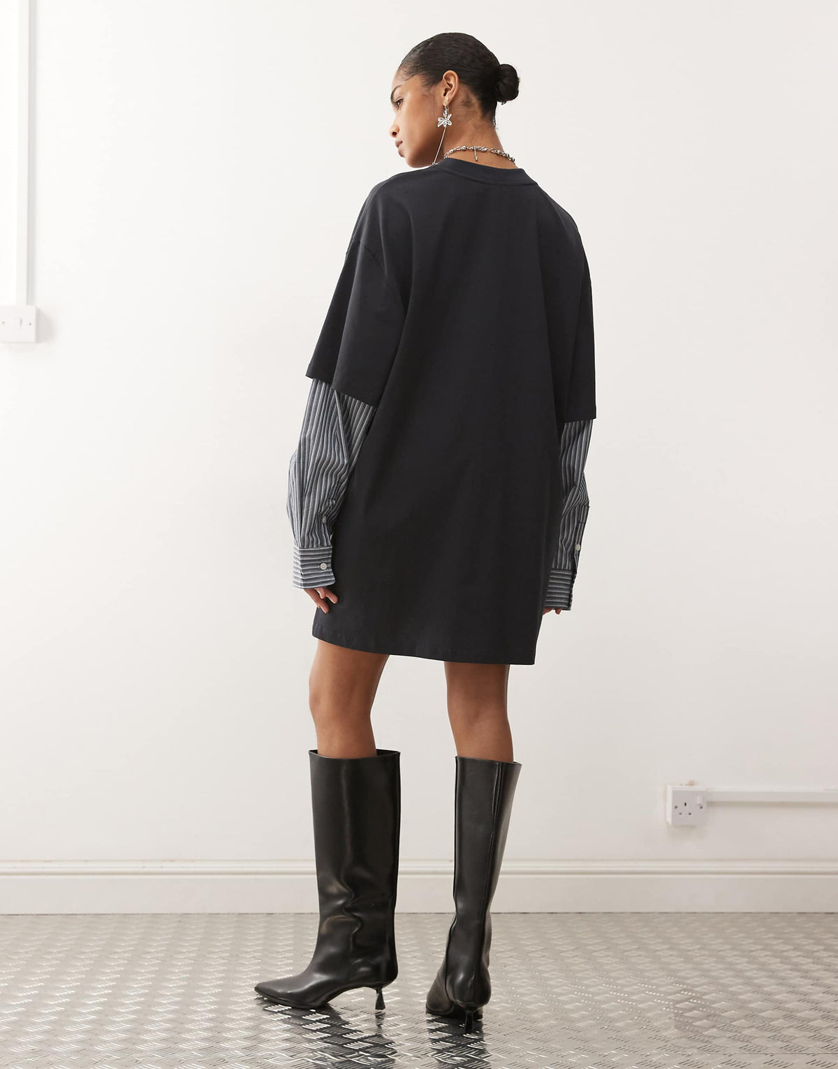 Lioness exclusive 2 in 1 oversized t-shirt overlay and striped long sleeve mini shirt dress in charcoal stripes