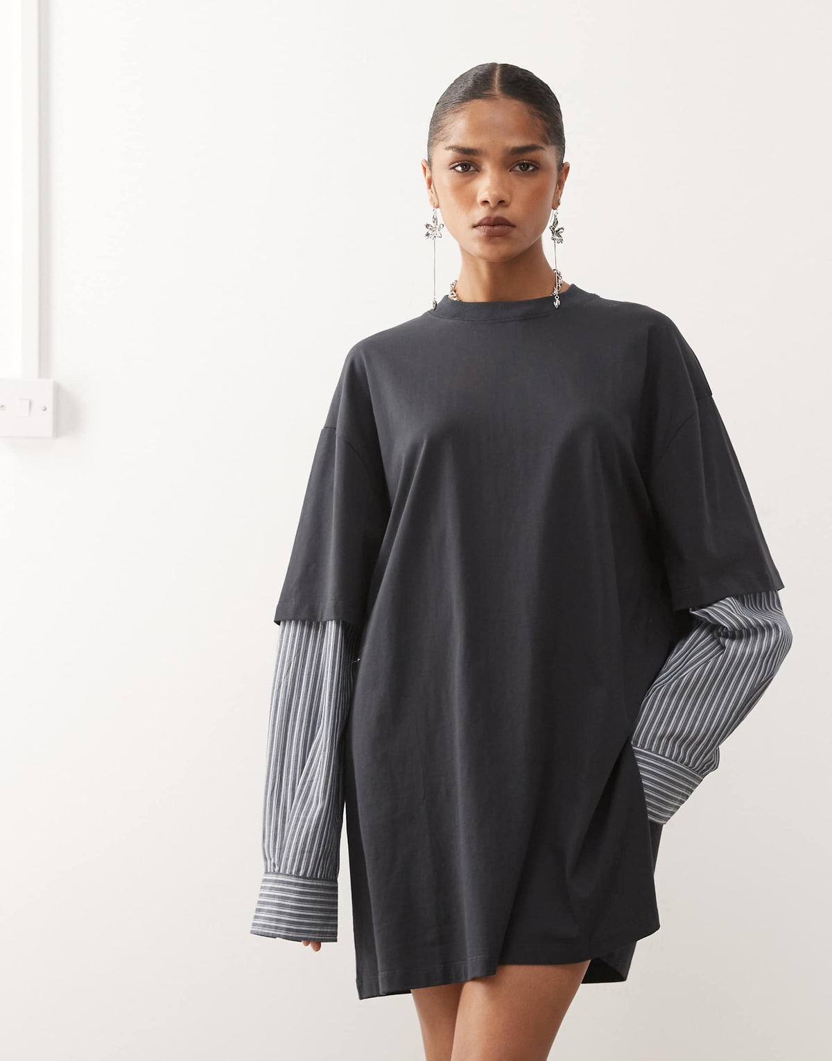Lioness exclusive 2 in 1 oversized t-shirt overlay and striped long sleeve mini shirt dress in charcoal stripes