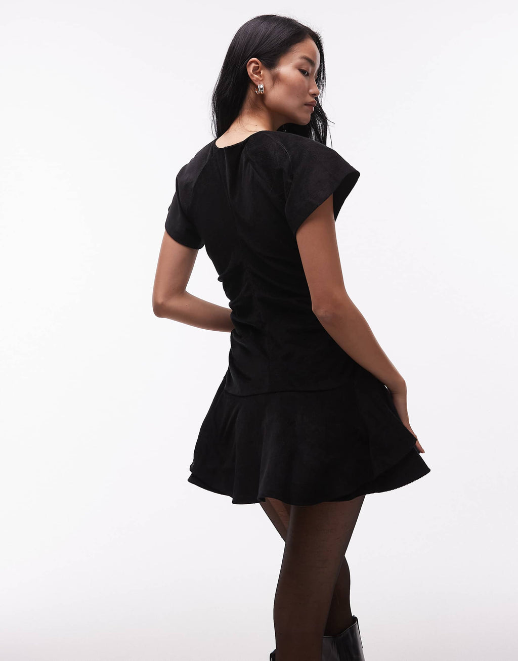 ASOS DESIGN cord short sleeve mini dress with ruching tie waist detail in black