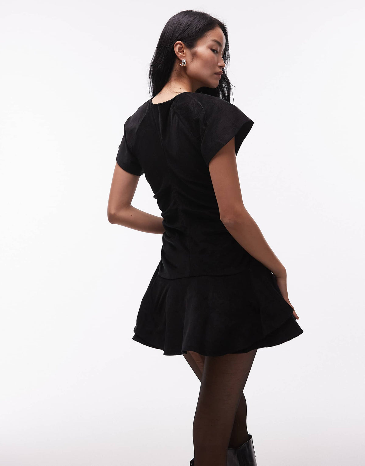 ASOS DESIGN cord short sleeve mini dress with ruching tie waist detail in black