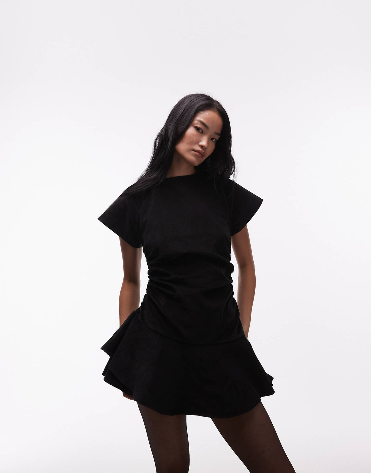 ASOS DESIGN cord short sleeve mini dress with ruching tie waist detail in black