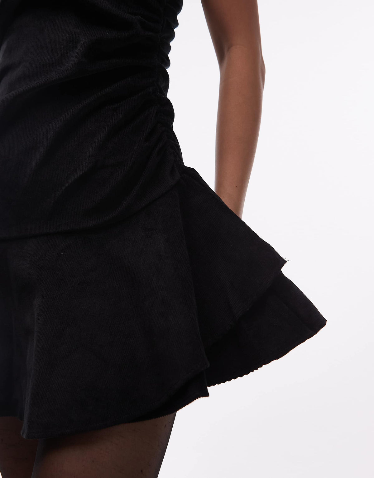 ASOS DESIGN cord short sleeve mini dress with ruching tie waist detail in black