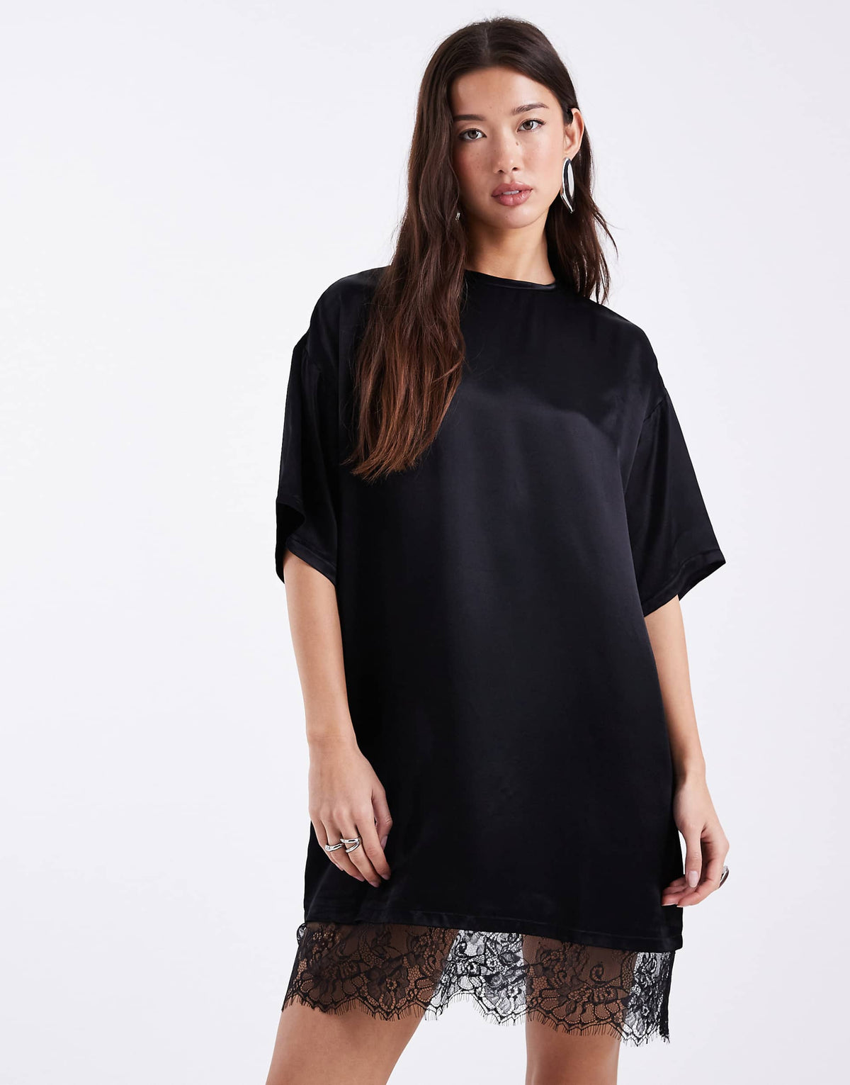 ASOS DESIGN satin lace hem t-shirt dress in black