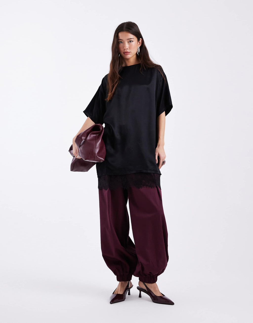 ASOS DESIGN satin lace hem t-shirt dress in black
