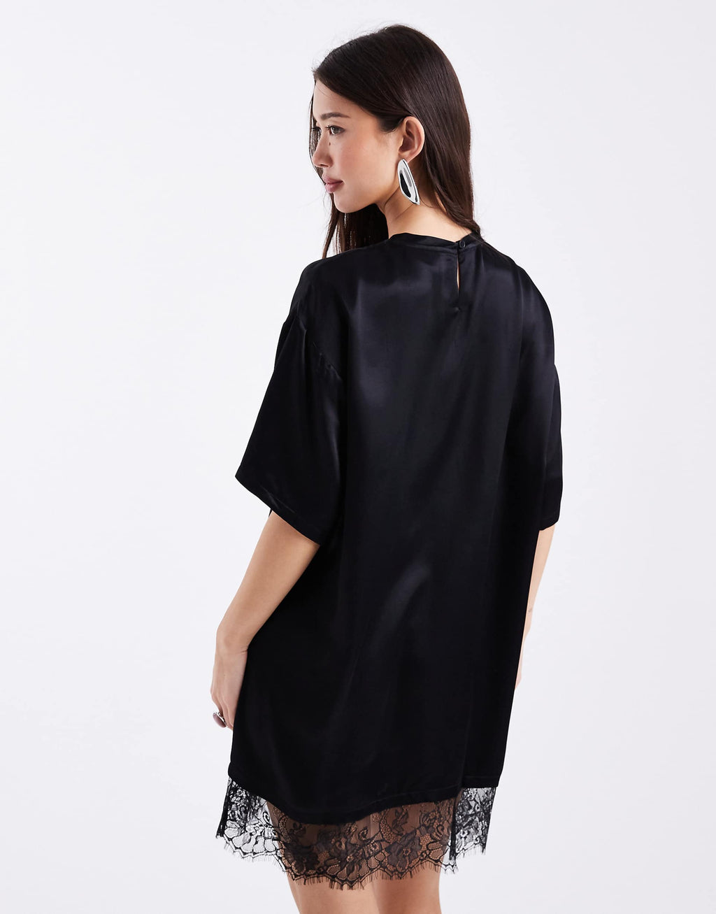 ASOS DESIGN satin lace hem t-shirt dress in black