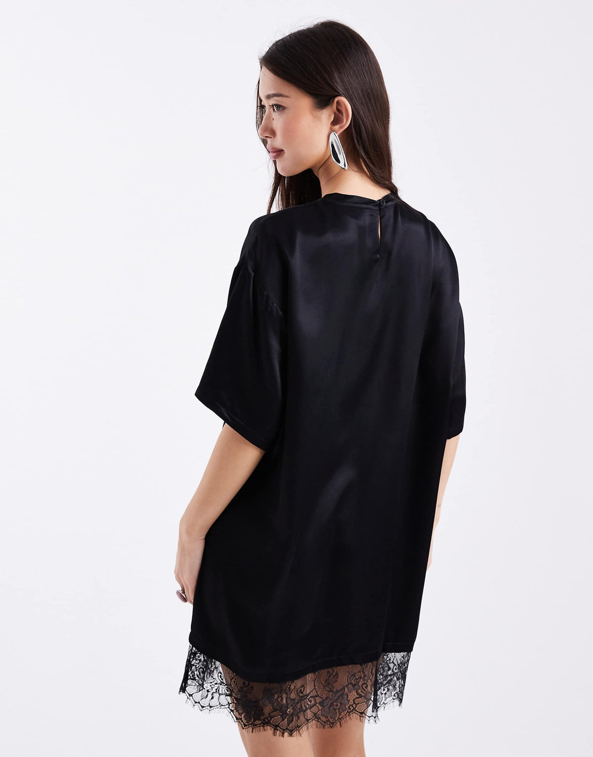 ASOS DESIGN satin lace hem t-shirt dress in black