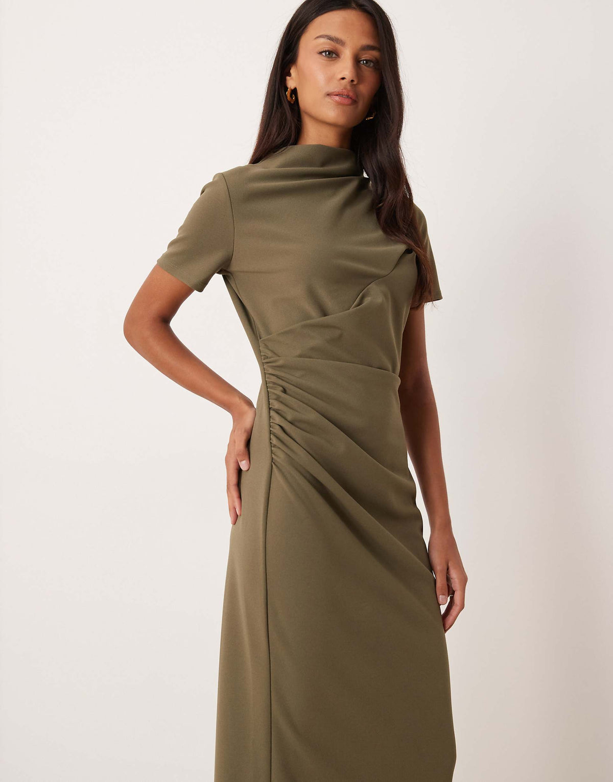 ASOS DESIGN pleated draped high neck midaxi dress in khaki green