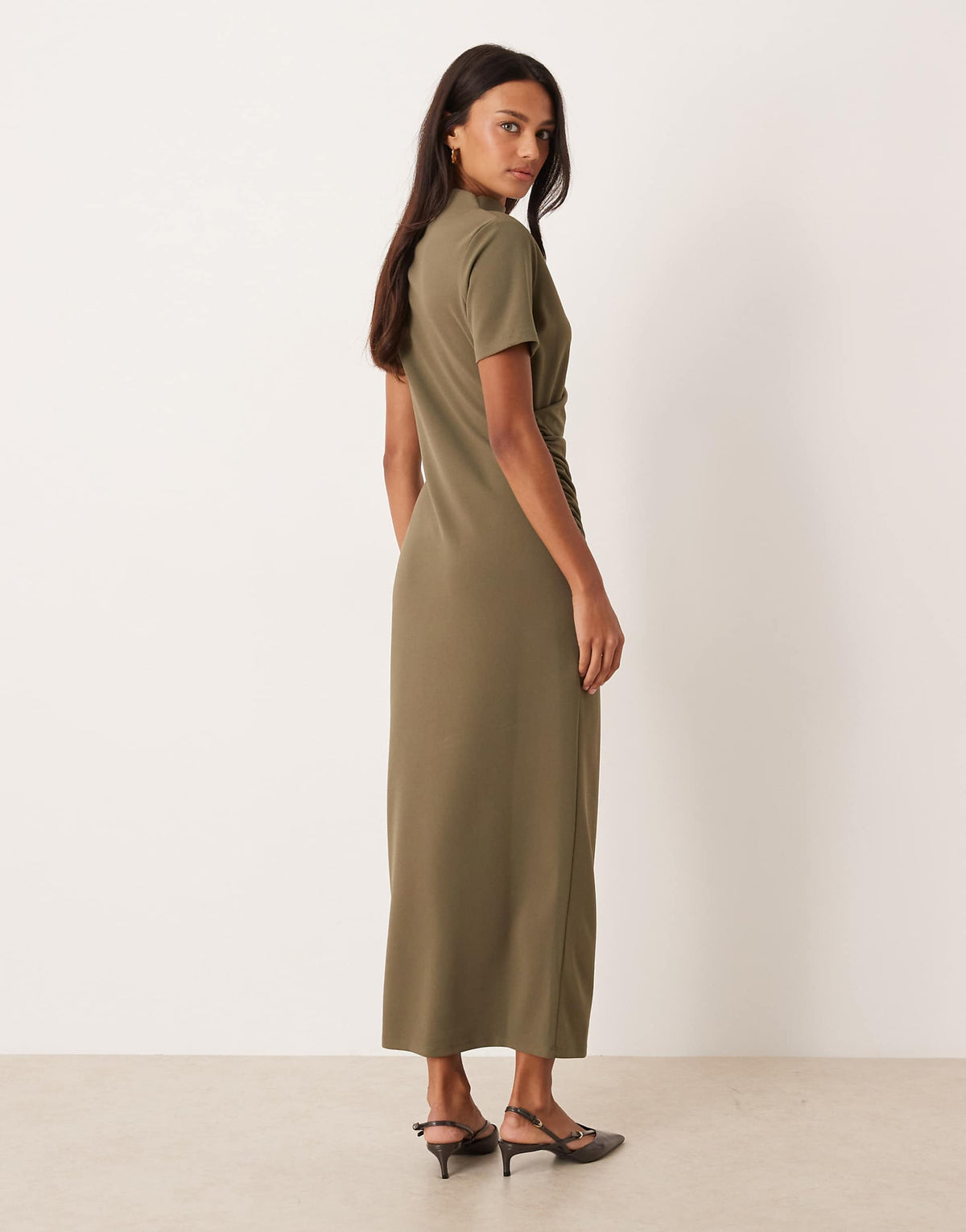 ASOS DESIGN pleated draped high neck midaxi dress in khaki green