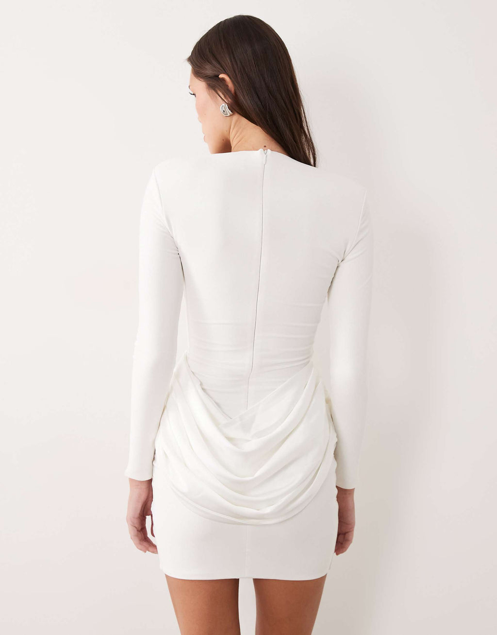 Wanderdoll Storm shoulder pad detail long sleeve satin drape waist mini dress white