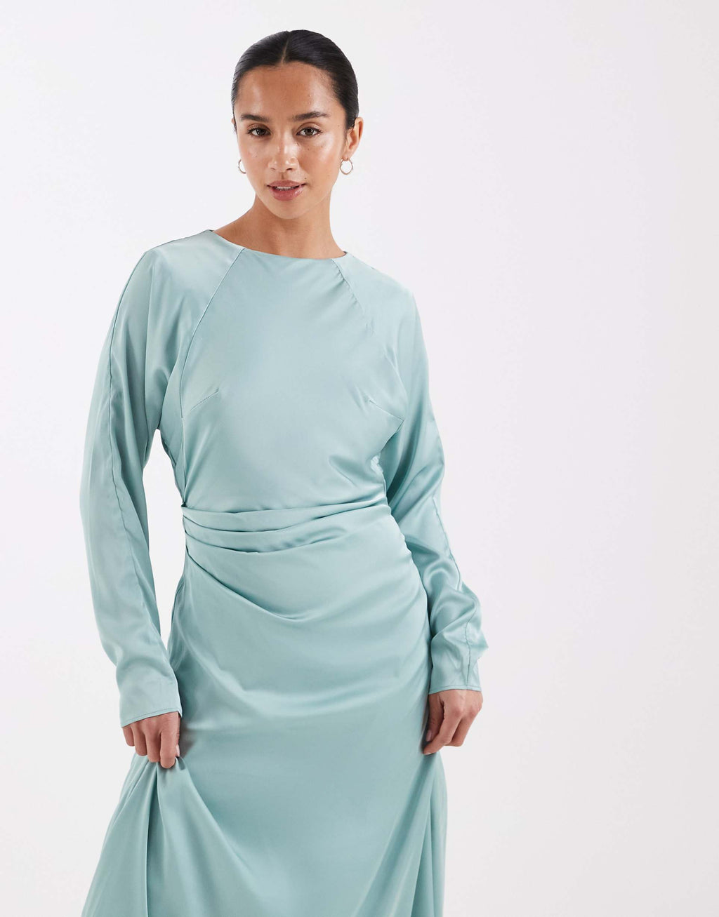 TFNC Petite Bridesmaids long sleeve satin maxi dress in aqua