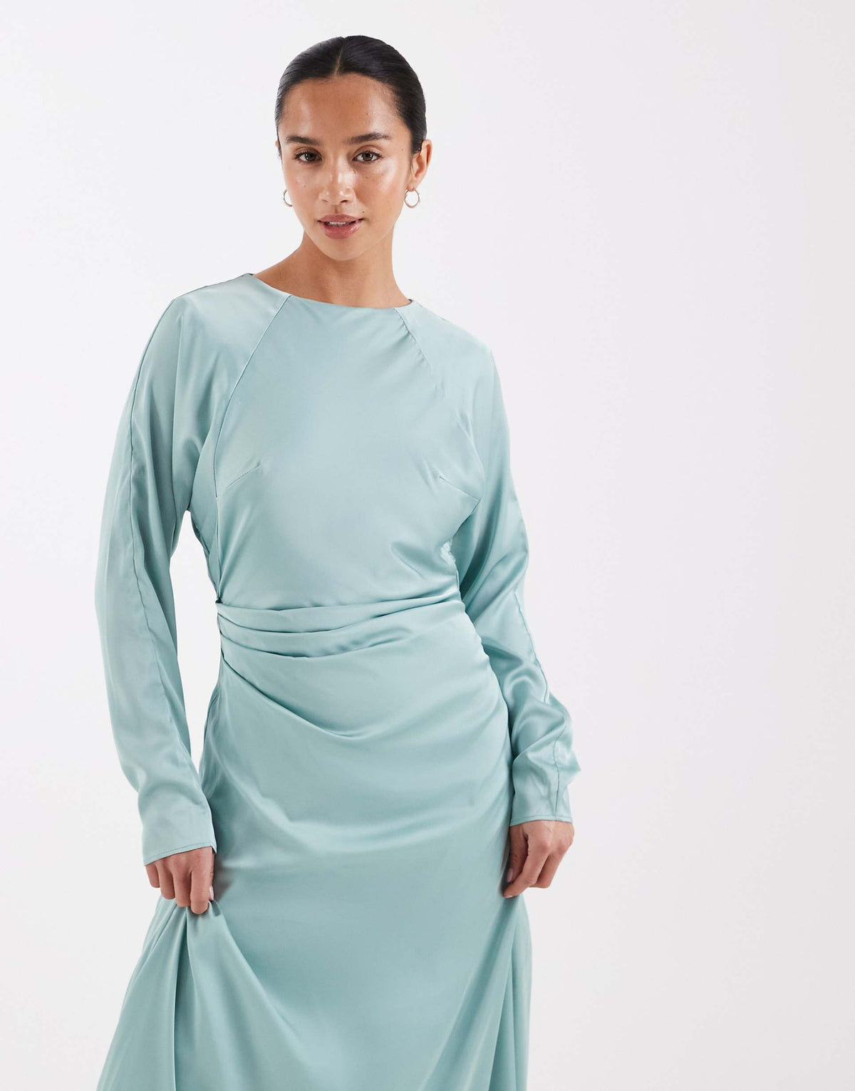 TFNC Petite Bridesmaids long sleeve satin maxi dress in aqua