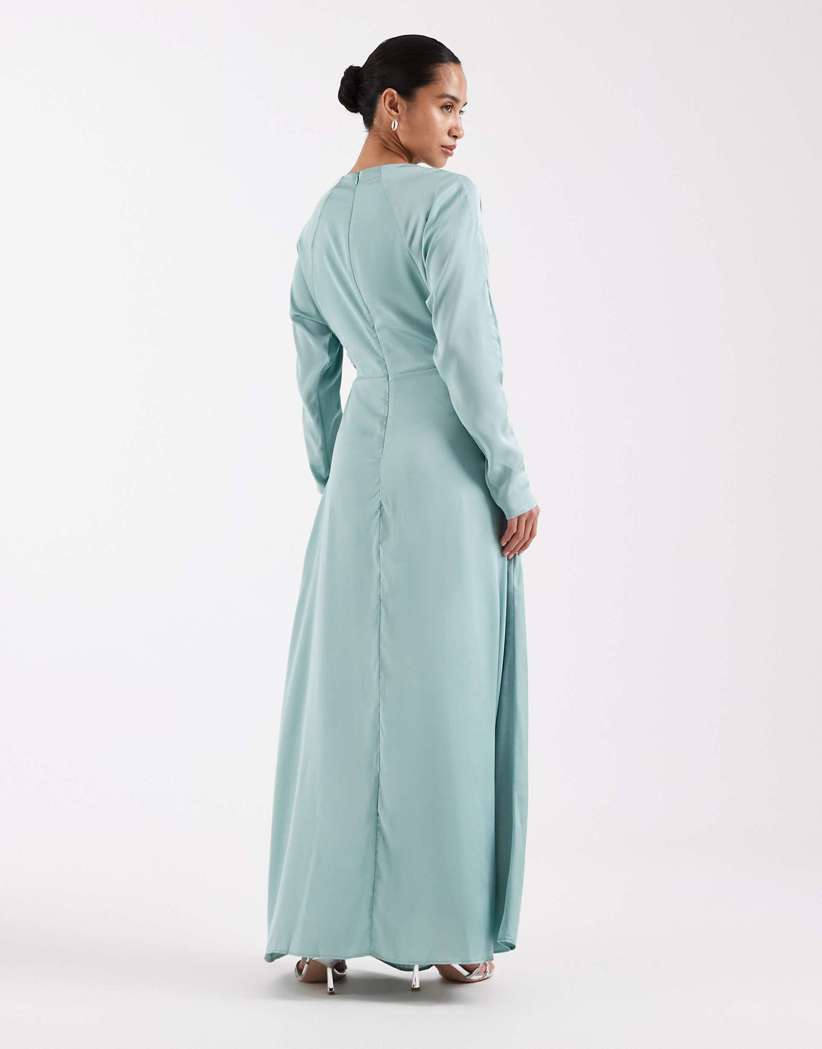 TFNC Petite Bridesmaids long sleeve satin maxi dress in aqua
