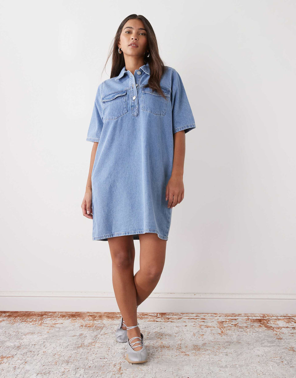 Noisy May oversized boxy denim dress with pockets in light blue