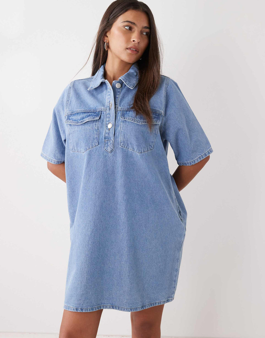 Noisy May oversized boxy denim dress with pockets in light blue