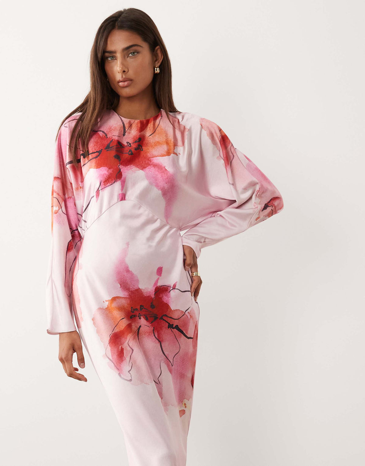 ASOS DESIGN satin batwing maxi dress in pink floral print