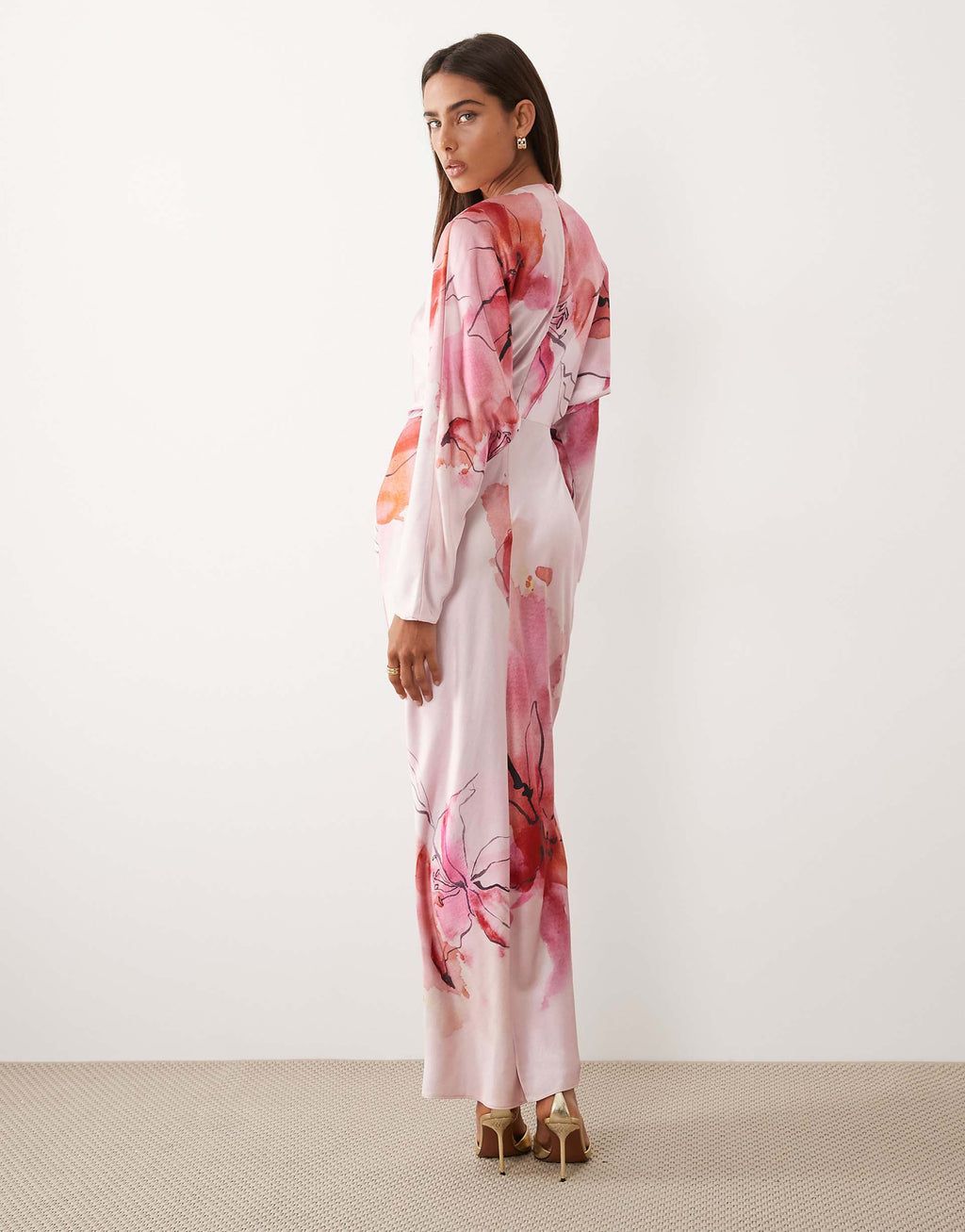 ASOS DESIGN satin batwing maxi dress in pink floral print