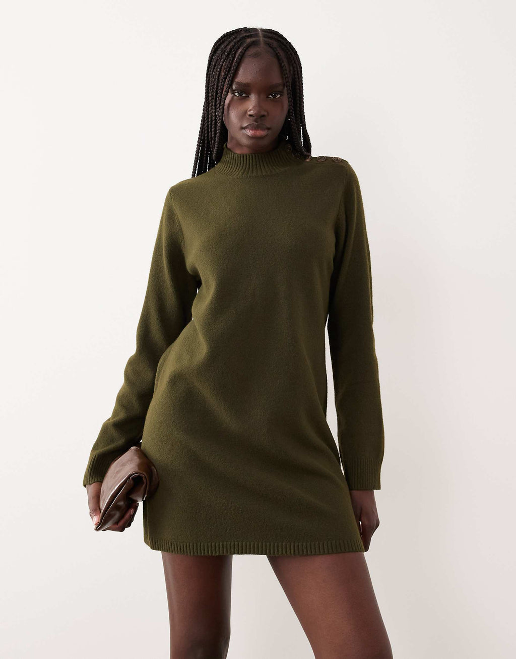 Mango button detail long sleeve knit mini dress in khaki