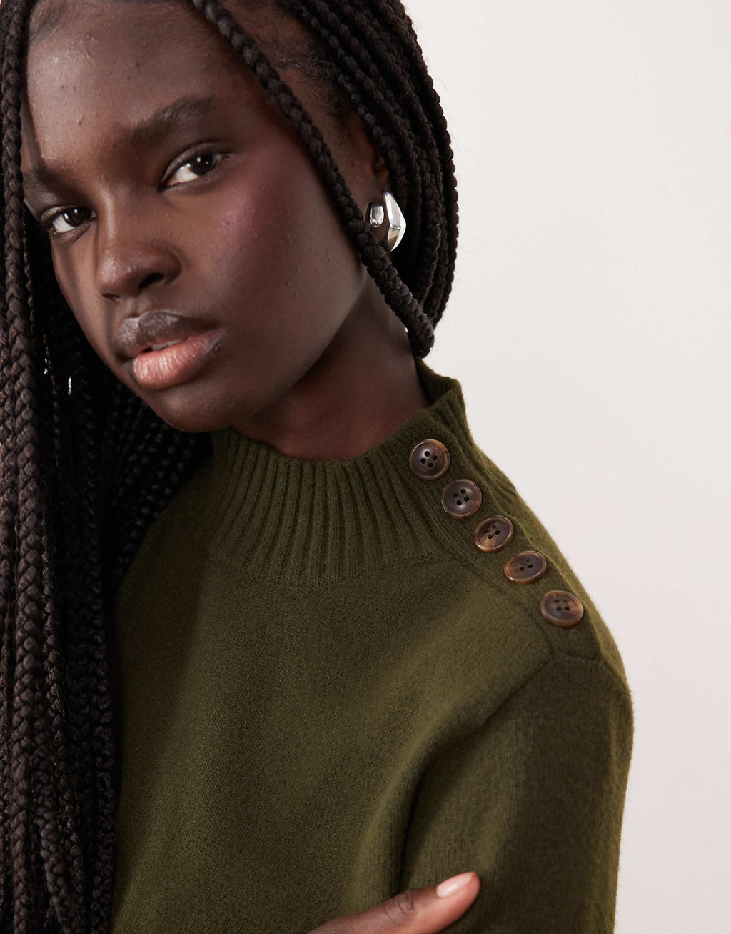 Mango button detail long sleeve knit mini dress in khaki
