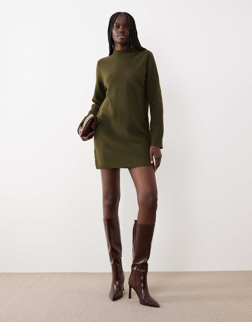 Mango button detail long sleeve knit mini dress in khaki