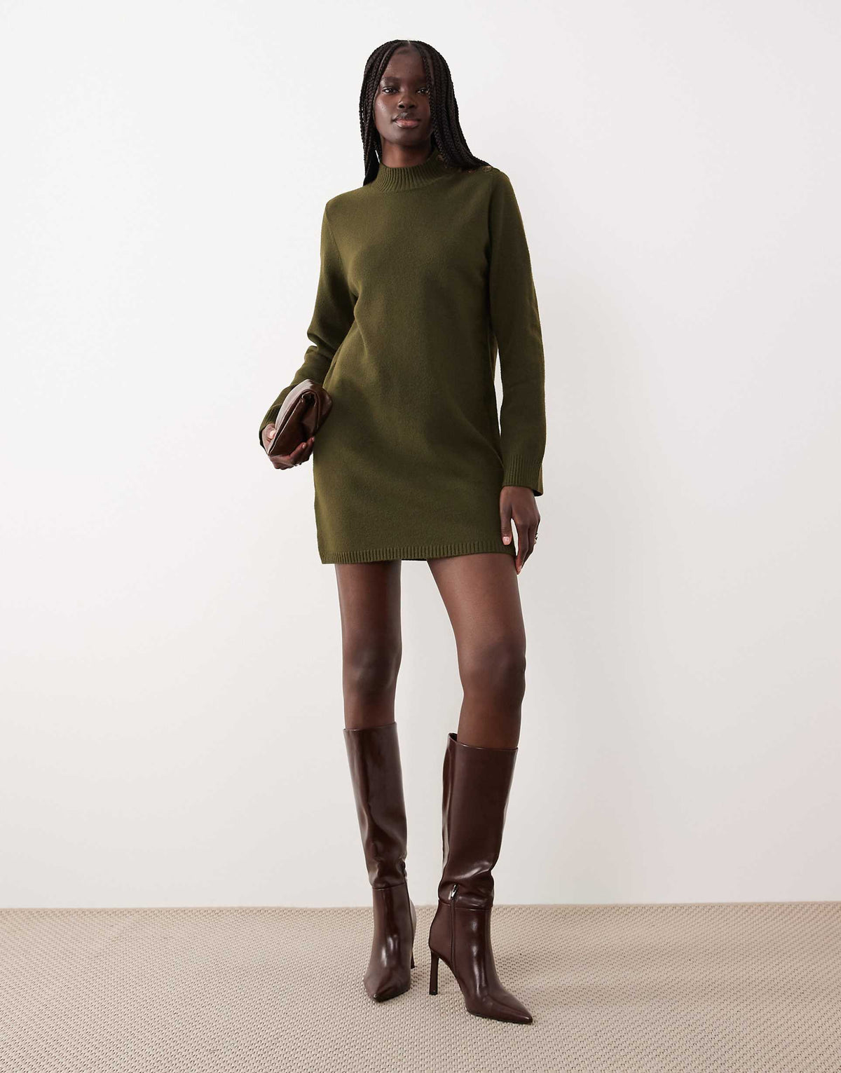 Mango button detail long sleeve knit mini dress in khaki