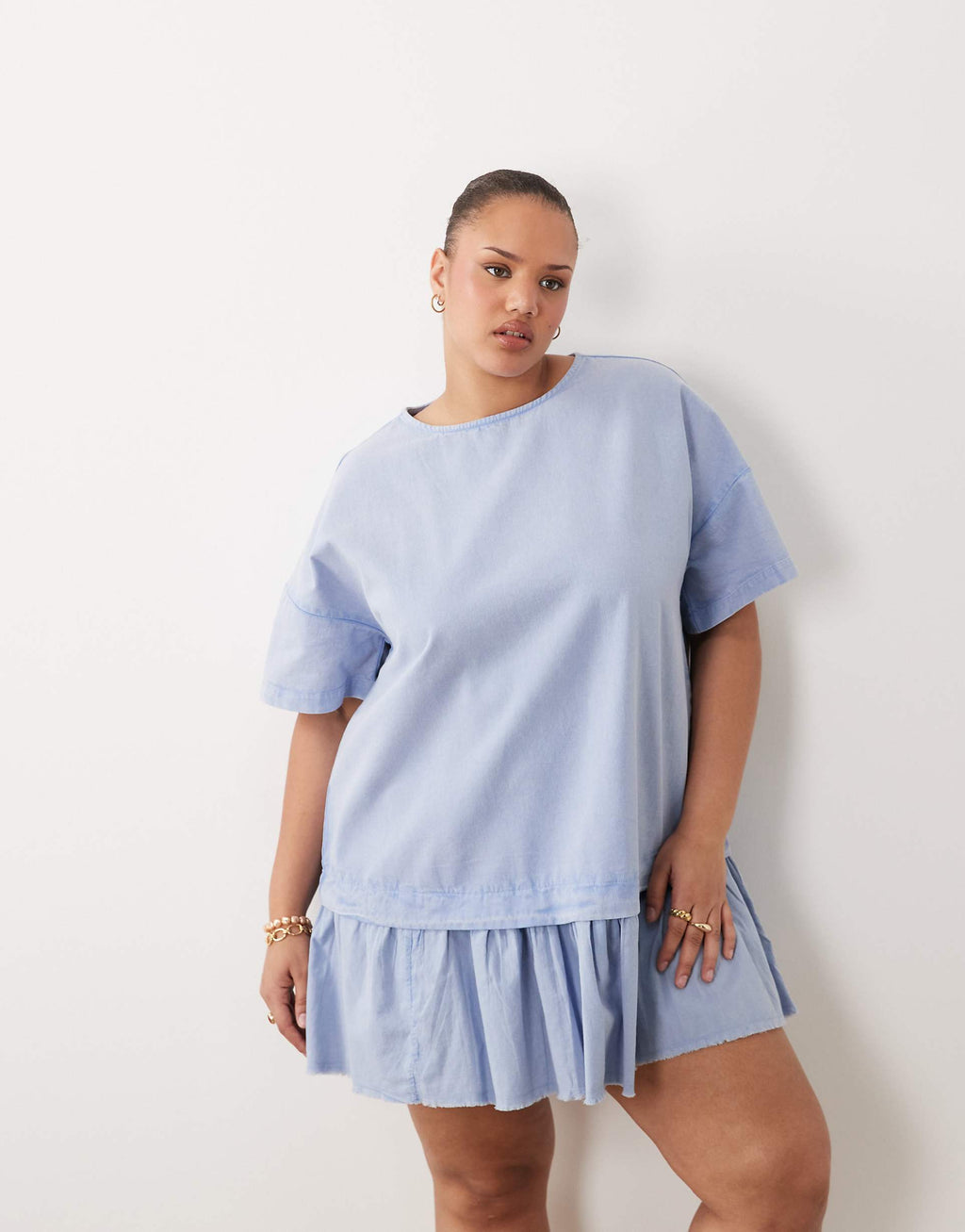 ASOS DESIGN Curve hybrid t-shirt mini dress in washed denim blue