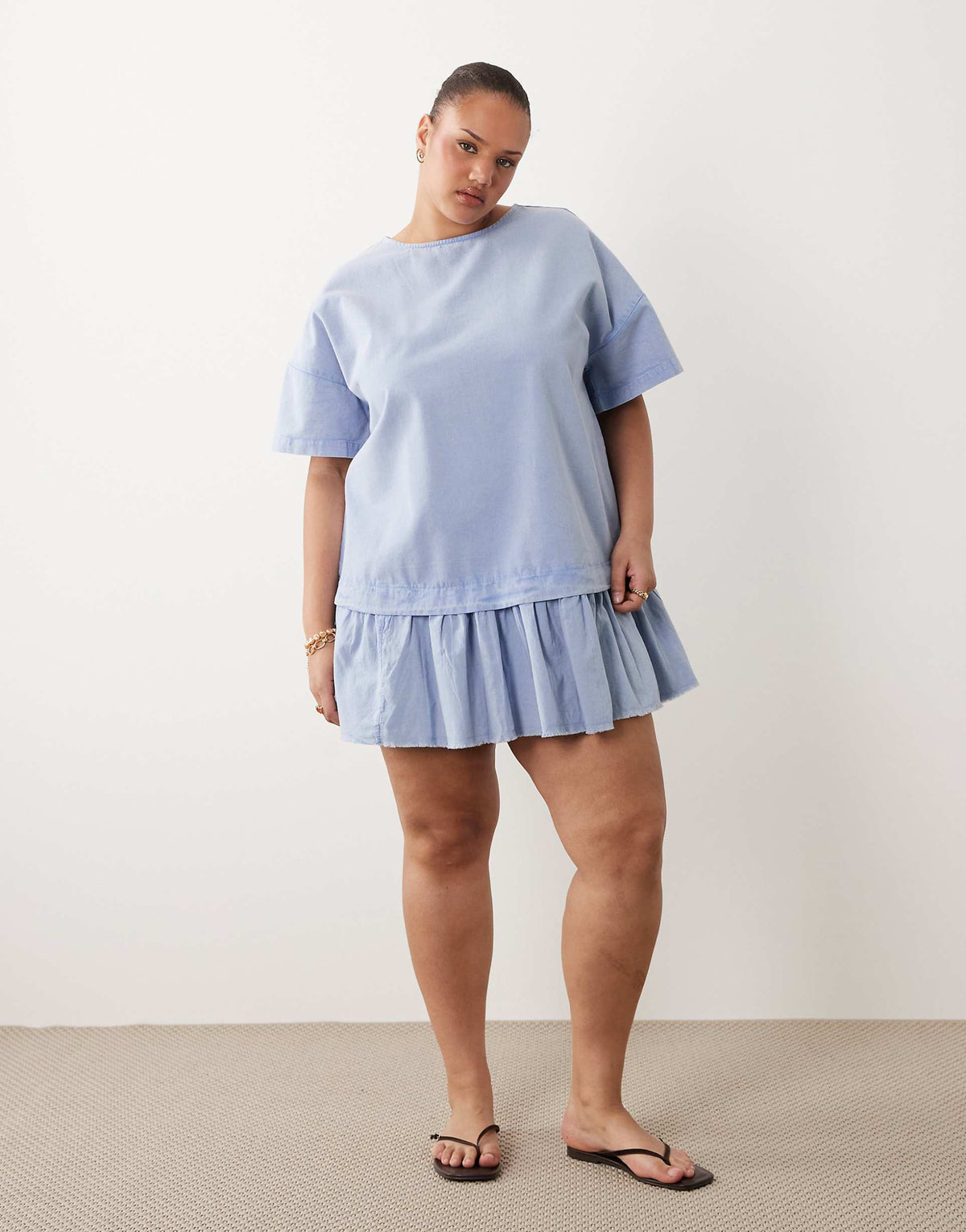 ASOS DESIGN Curve hybrid t-shirt mini dress in washed denim blue