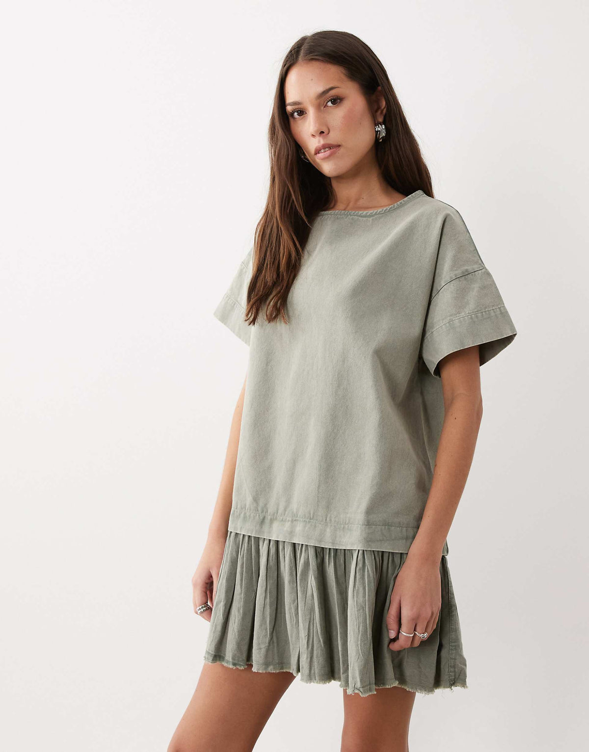 ASOS DESIGN hybrid t-shirt mini dress in washed olive