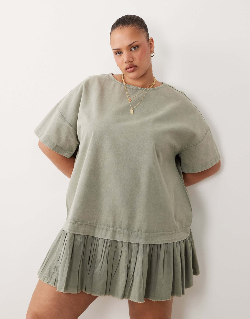 ASOS DESIGN Curve hybrid t-shirt mini dress in washed olive