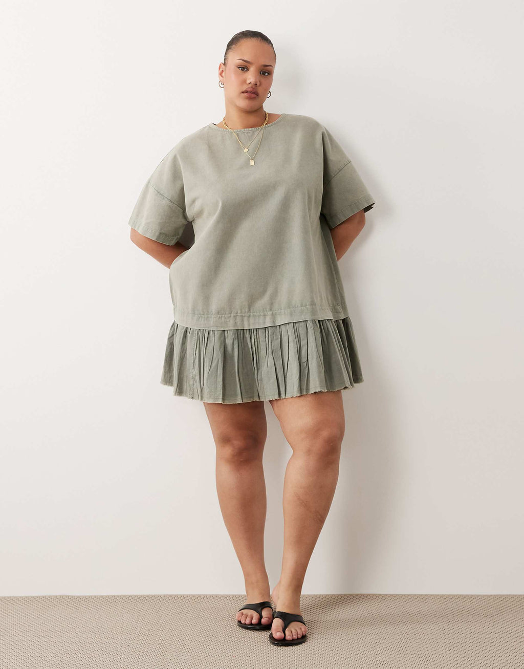 ASOS DESIGN Curve hybrid t-shirt mini dress in washed olive