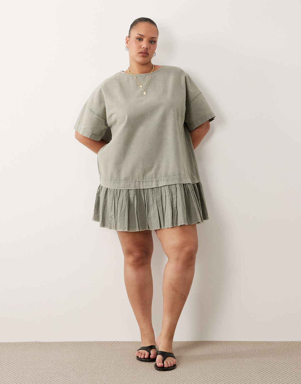ASOS DESIGN Curve hybrid t-shirt mini dress in washed olive