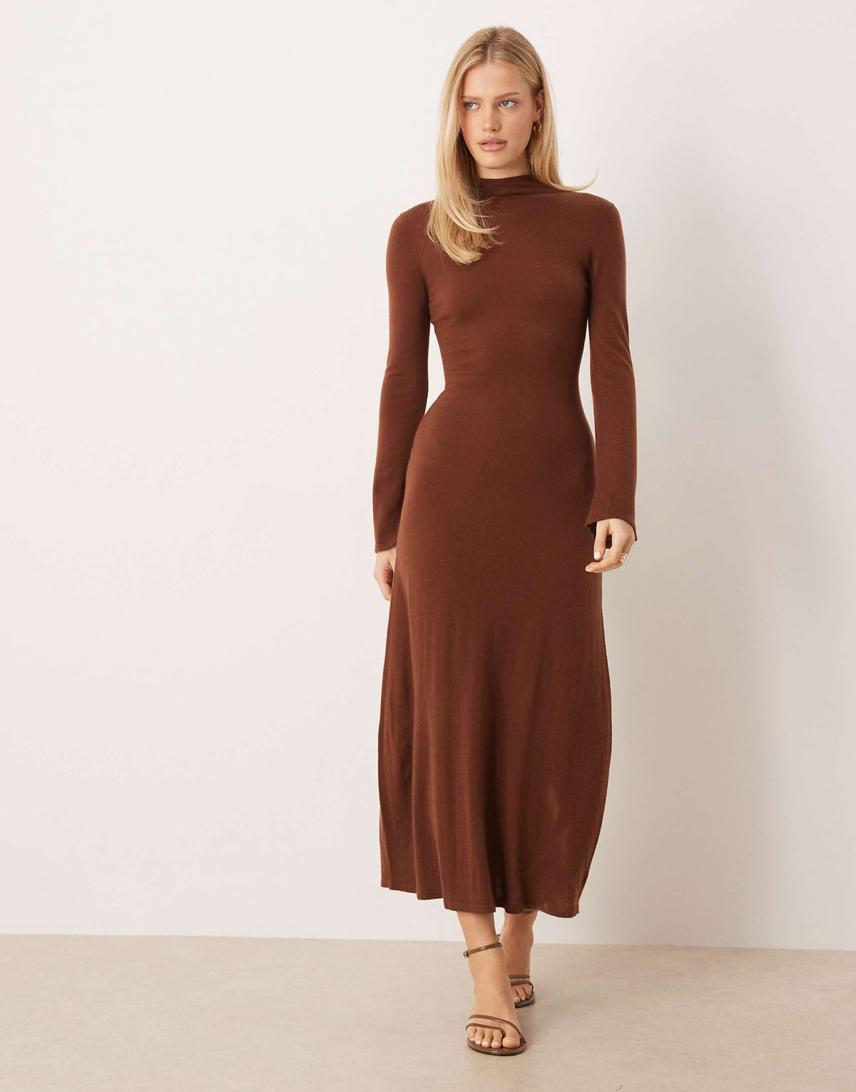 Mango high neck long sleeve maxi dress in caramel