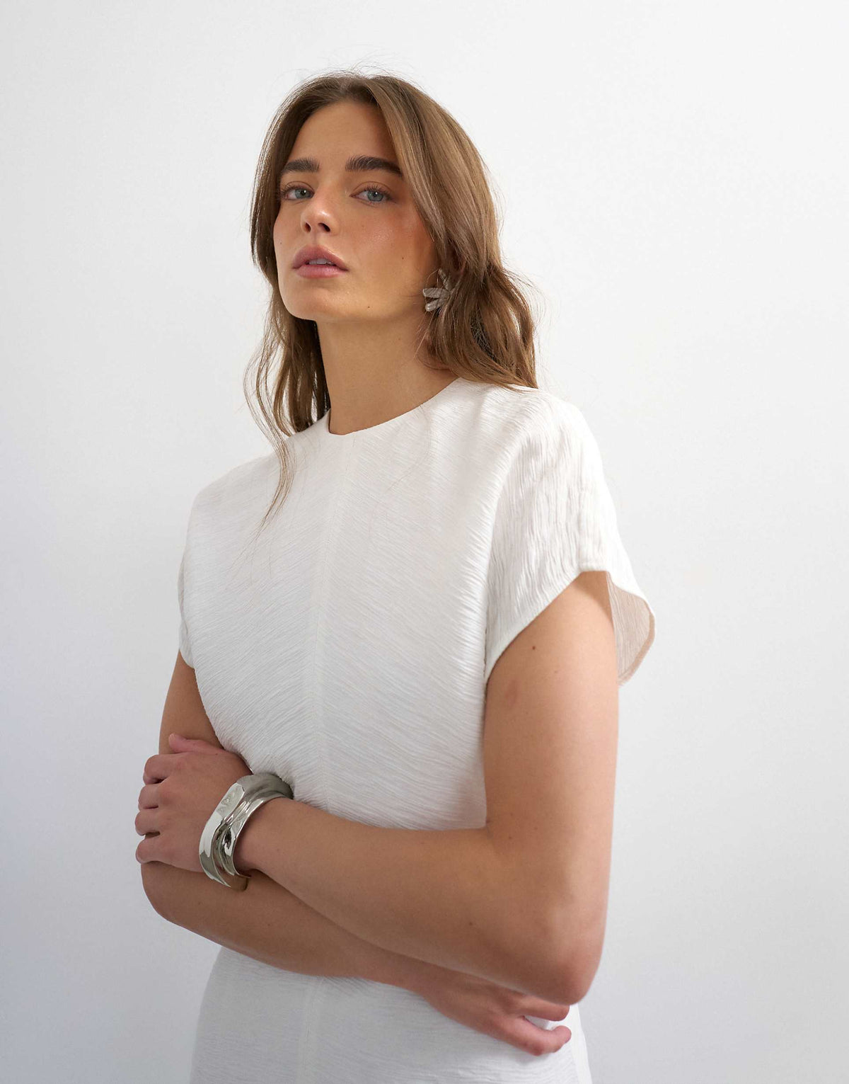 Topshop drop shoulder blouson waist crinkle maxi dress in white