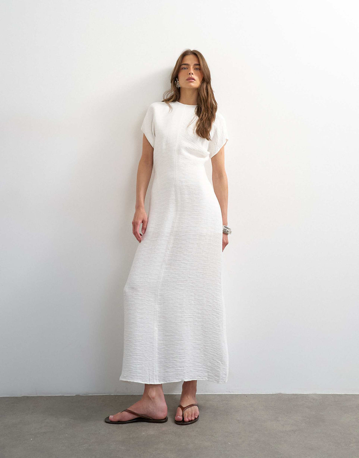 Topshop drop shoulder blouson waist crinkle maxi dress in white