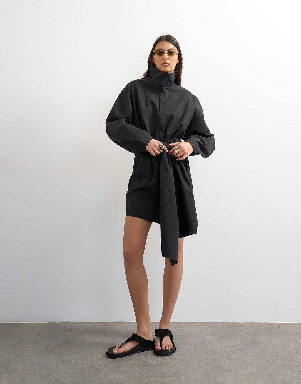 Topshop long sleeve funnel neck shirt dress with wrap detail in charcoal gray